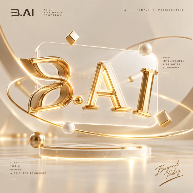 01/05/2026, 18:34 B.AI - A promotional image featuring golden 3D letters 'B.AI' on a glass platform, surrounded by floating spheres and cubes, with text 'BUILD A BRIGHTER TOMORROW,' 'AI | PEOPLE | POSSIBILITIES,' 'MORE INTELLIGENCE A BRIGHTER TOMORROW,' 'IDEAS TOOLS PEOPLE A BRIGHTER TOMORROW,' and 'Beyond Today.'