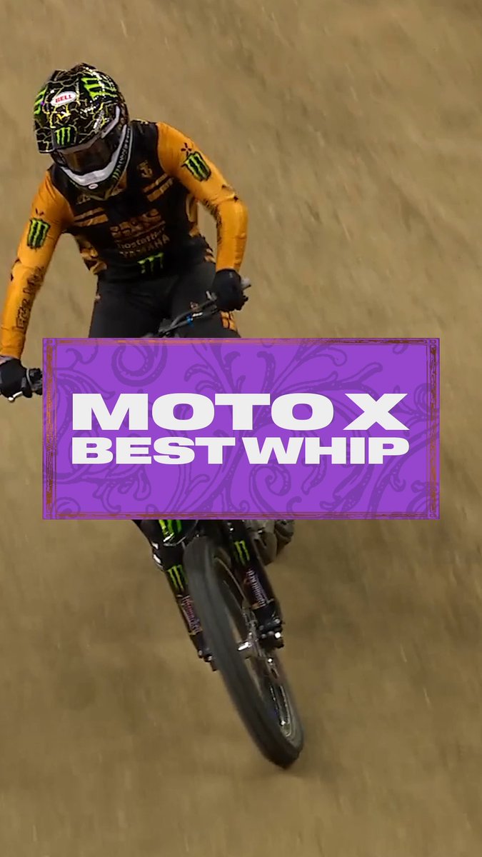 A motocross rider in Monster Energy gear performs a whip on a dirt track, with a purple "MOTO X BEST WHIP" graphic overlay promoting Julien Vanstippen's bronze finish at the X Games League Championship in New Orleans.