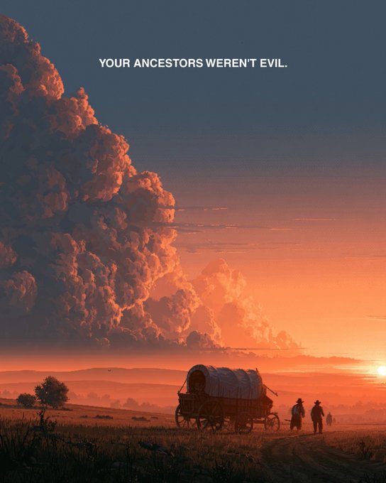 An AI-generated illustration of a covered wagon and figures traveling at sunset with massive clouds, captioned 'YOUR ANCESTORS WEREN'T EVIL.'