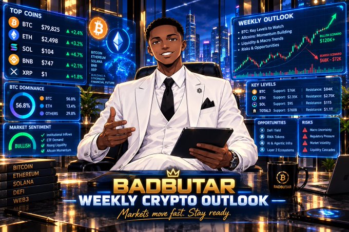 A digital graphic for 'BADBUTAR WEEKLY CRYPTO OUTLOOK' shows an illustrated character in a white suit sitting in front of screens displaying coin prices like BTC $79,825, ETH $2,498, and SOL $104, alongside various market trend charts.