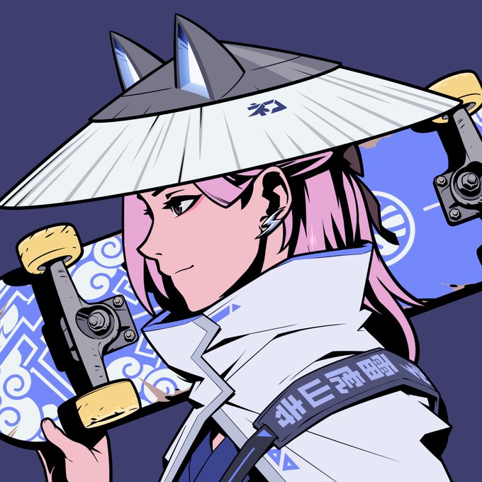 Anime-style illustration of a pink-haired character wearing a traditional straw hat and holding a skateboard with blue and white patterned design.