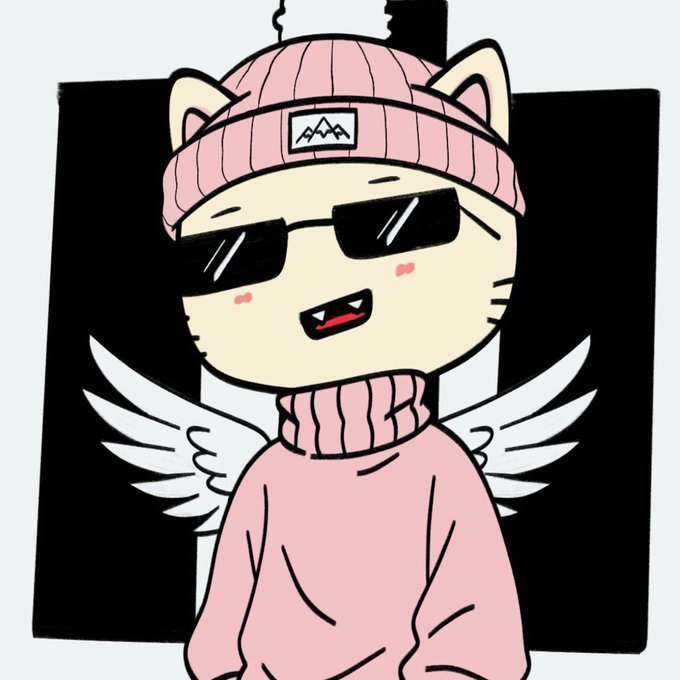 An illustration of an anime-style cat character wearing a pink beanie with a mountain patch, black sunglasses, a matching pink turtleneck sweater, and small white angel wings.