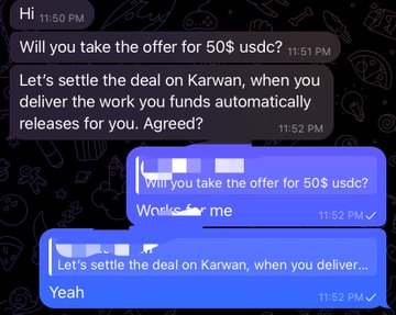 A chat screenshot showing a negotiation where someone offers $50 USDC and agrees to settle the deal on Karwan upon work delivery.