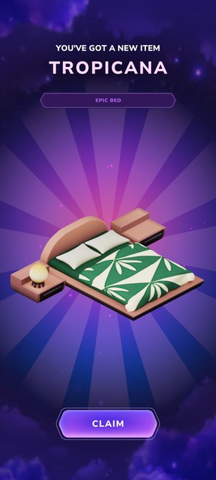 A mobile game reward screen showing 'YOU'VE GOT A NEW ITEM' and 'TROPICANA' labeled as an 'EPIC BED', featuring a bed with a green leaf-patterned bedspread and a 'CLAIM' button at the bottom.
