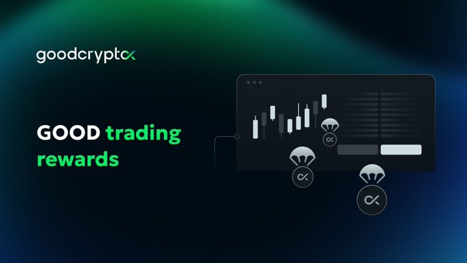 An advertisement for 'goodcrypto' featuring the text 'GOOD trading rewards' alongside an illustration of a trading interface with a candlestick chart and parachuting icons.