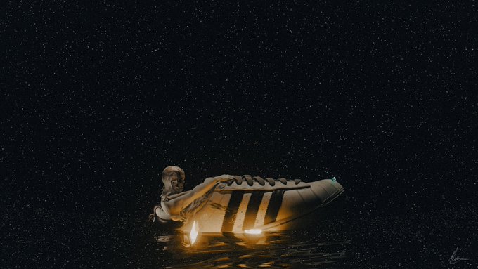 A surreal, dark digital artwork depicting a humanoid figure floating in a starry night sky, resting atop a large sneaker that is partially submerged in dark water with glowing golden accents.