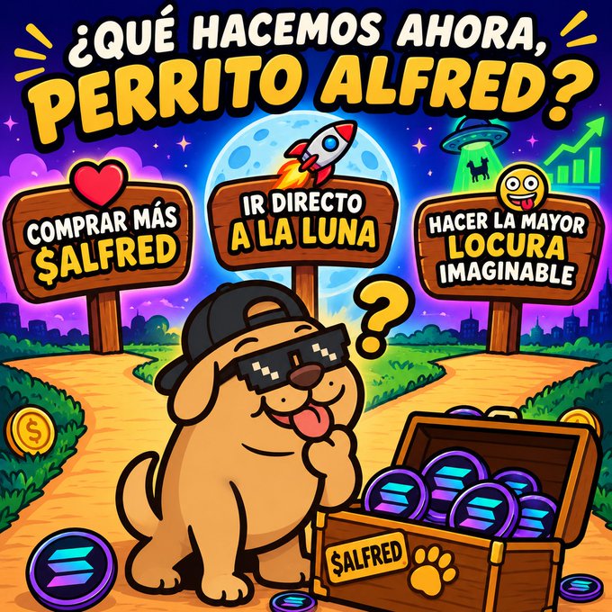 A colorful cartoon in Spanish titled '¿QUÉ HACEMOS AHORA, PERRITO ALFRED?' featuring a dog wearing sunglasses next to a treasure chest of Solana (SOL) coins, with signs reading 'Comprar más $ALFRED', 'Ir directo a la luna', and 'Hacer la mayor locura imaginable'.
