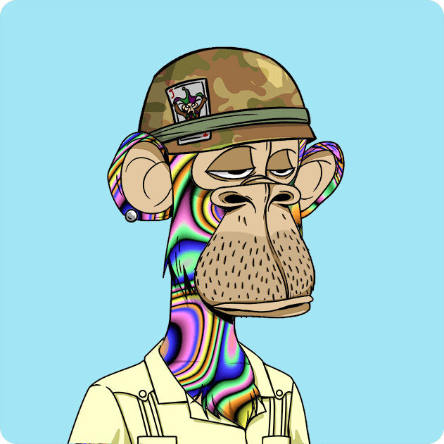 A Bored Ape Yacht Club-style NFT illustration of a cartoon ape wearing a camouflage military helmet, with a colorful swirled body and tan shirt, against a light blue background.