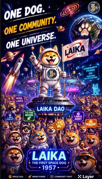 A vibrant space-themed meme poster advertises "$LAIKA" (Laika DAO) with the tagline "One Dog. One Community. One Universe," featuring a cartoon dog in an astronaut suit waving a LAIKA flag above a crowd of similarly costumed dogs, alongside badges reading "HODL LAIKA," "TO THE MOON," "LAIKA COMMUNITY," and "LAIKA ARMY," with "LAIKA - THE FIRST SPACE DOG 1957" prominently displayed at the bottom and "X Layer" branding in the corner—visually reinforcing the post's note about the meme coin's $50,000 USD liquidity incentives from the X Layer side and its rapid hype-driven community growth.