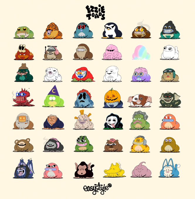 An illustration displays a grid of 30 stylized, cartoonish creature characters under the logo 'LIZZIE TOADS', with 'easystyle' signed at the bottom.