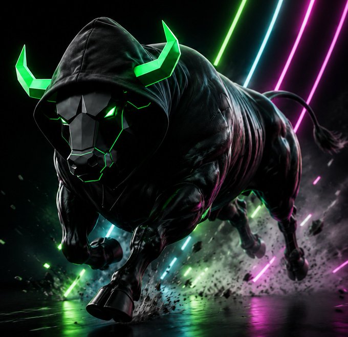A hooded, cyberpunk bull with glowing green horns and a fractured neon mask charges forward amid vibrant green, blue, and pink laser streaks. The image visualizes the "$BIH" (Bull In Hood) meme coin on Solana, depicting the mysterious "Bull In Hood" character emerging in a dynamic, electrified style that matches the post's theme of unstoppable meme energy.