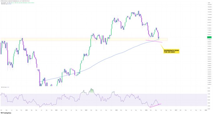 The image displays a line graph with a purple line that is rising above a green line, indicating a bullish trend. The graph has a yellow warning label about the possible direction of this rise. The text on the graph suggests that DIVERGENCE CONFIRMED $BTC has formed a Bullish Divergence, and bulls have a fighting chance here in relation to the 200W SMA & the previous ATH zone.