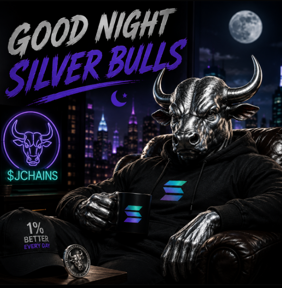 A digital artwork showing a silver bull-headed figure wearing a hoodie and holding a mug, with the text 'GOOD NIGHT SILVER BULLS', '$JCHAINS', and '1% BETTER EVERY DAY' against a city nightscape.