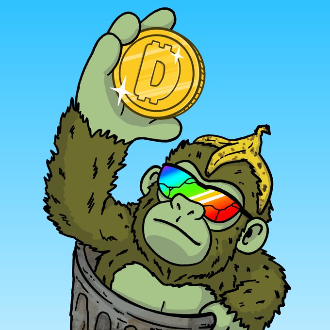 A cartoon gorilla wearing rainbow sunglasses and a banana peel proudly holds up a gold Dogecoin coin above its head, symbolizing crypto gains. The meme's playful gorilla imagery fits the giveaway post by using a fun, engaging character to attract participants for a $DUMPSTR GTD spot.