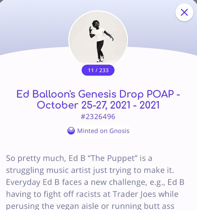 A digital POAP (Proof of Attendance Protocol) badge titled "Ed Balloon's Genesis Drop POAP - October 25-27, 2021 - 2021" with serial number #2326496, minted on Gnosis, showing a cartoon figure and numbered 11/233. The post highlights it as the user's first POAP collection from Ed Balloon's Genesis Drop event, displayed in a pop-up viewer.