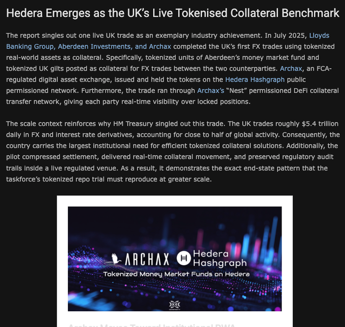 The image is an article titled "Hedera Emerges as the UK's Live Tokenised Collateral Benchmark," highlighting a July 2025 FX trade where Lloyds Banking Group, Aberdeen Investments, and Archax used tokenized assets (money market funds and UK gilts) as collateral on the Hedera Hashgraph network, with the UK handling roughly $5.4 trillion daily in FX/interest rate derivatives. It relates to the post by illustrating how Hedera's ($HBAR) tokenization technology enables institutions to use existing assets as real-time collateral without needing to sell them during market stress.