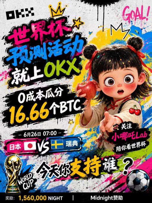 A vibrant World Cup prediction poster by OKX features a cartoon girl with apple cheeks holding a red apple, promoting a 0-cost giveaway of 16.66 BTC to predict the Japan 🇯🇵 vs Sweden 🇸🇪 match on June 26 at 07:00, sponsored by Midnight with a 1,560,000 NIGHT reward. Bold graffiti-style text and World Cup branding frame the image, which aligns with the post's call to support Japan in their do-or-die Group F showdown.
