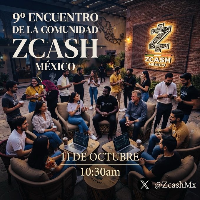Event poster for the '9° Encuentro de la Comunidad ZCASH México' taking place on 11 de Octubre at 10:30am, showing a group of people gathered in a venue, with the handle '@ZcashMx'.