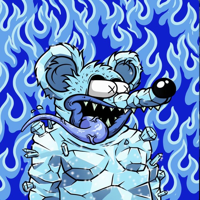 A stylized cartoon illustration of a blue, rat-like creature with a long tongue emerging from cracked ice, set against a background of blue flames.