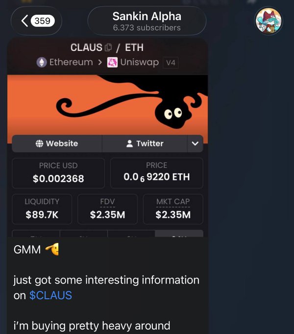 A screenshot from the Sankin Alpha Telegram channel (6,373 subscribers) shows a crypto tracker post for $CLAUS on Ethereum/Uniswap V4, priced at $0.002368 with an $89.7K liquidity and $2.35M market cap, alongside a message from "GMM" announcing a heavy buy. The image illustrates the exact $2.35M market cap entry point referenced in the accompanying post, which brags about calling $CLAUS early before it ran to $20M.