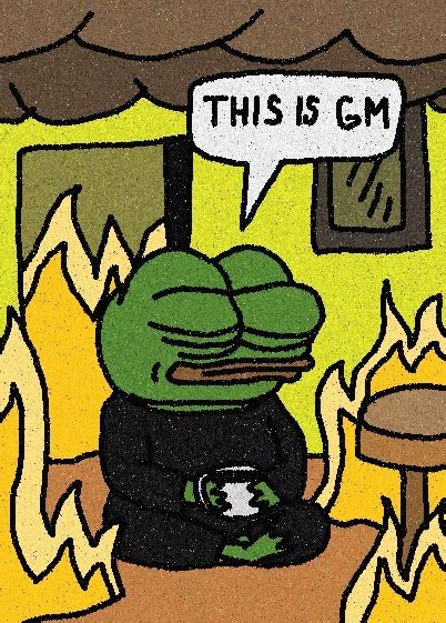 A cartoon illustration of a sad Pepe the Frog sitting in a room engulfed in flames, holding a cup, with a speech bubble reading 'THIS IS GM.'