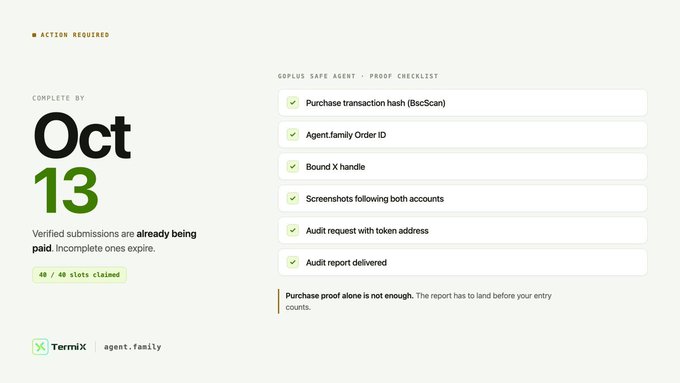 an action required checklist for 'TermiX agent.family' with a deadline of 'Oct 13' and 40/40 slots claimed, listing items like 'Purchase transaction hash (BscScan)' and 'Audit report delivered'