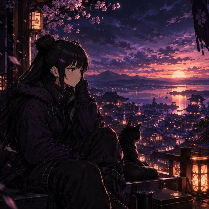 A detailed anime-style illustration of a dark-haired girl and a black cat overlooking a traditional Japanese-style city at sunset, framed by cherry blossoms and glowing lanterns.