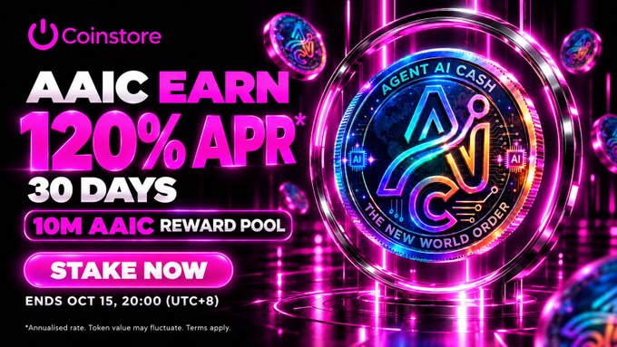 A vibrant cryptocurrency ad for Coinstore promotes 'AAIC EARN 120% APR* 30 DAYS' with a '10M AAIC REWARD POOL', featuring neon graphics and an 'AGENT AI CASH' coin, ending Oct 15 at 20:00 (UTC+8).