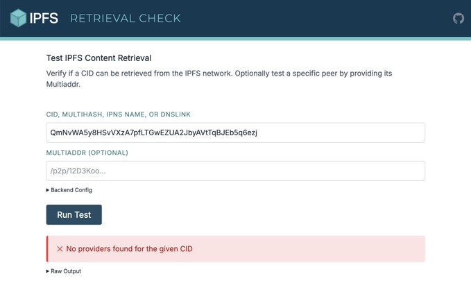A screenshot of an IPFS Retrieval Check tool displaying a failed test result showing 'No providers found for the given CID' for the content identifier QmNvWA5y8HSvXzA7pfLTGwEZUA2JbyAVtqBJEb5q6ezj.