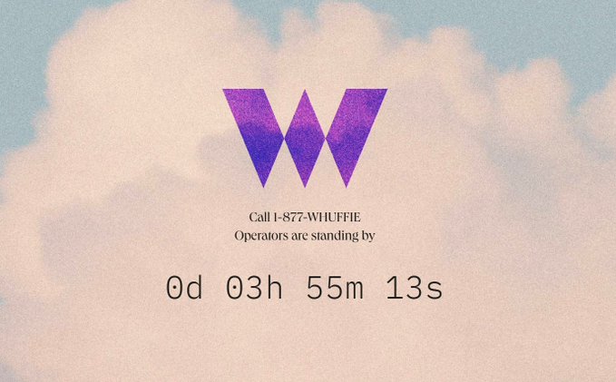 A countdown timer for the $WHUF public sale on @ethos_network displays "0d 03h 55m 13s" remaining, with a purple "W" logo and contact info reading "Call 1-877-WHUFFIE, Operators are standing by" set against a soft cloudscape background.
