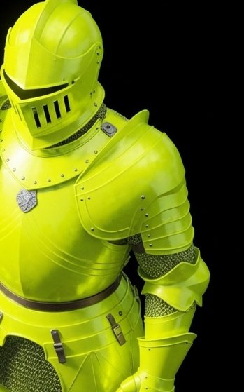 A 3D render of a knight wearing bright yellow plate armor against a black background.