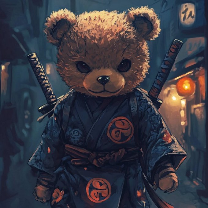 A digital painting of an adorable brown teddy bear character dressed as a Japanese samurai in dark blue robes with red emblems, carrying two katanas strapped to its back, standing in a moody urban street setting with glowing lanterns.