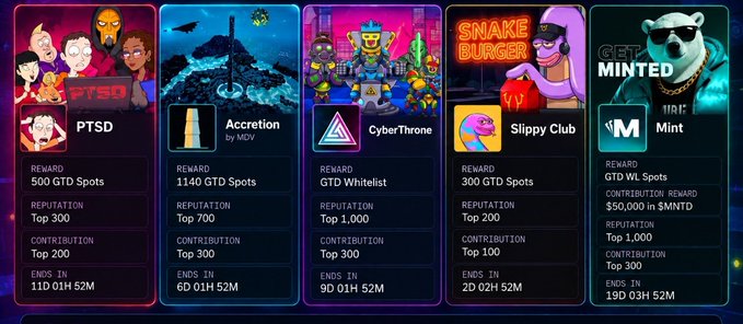 A screenshot of a website displaying five NFT project cards including 'PTSD', 'Accretion', 'CyberThrone', 'Snake Burger', and 'Get Minted', listing details like rewards, reputation, and contribution requirements.