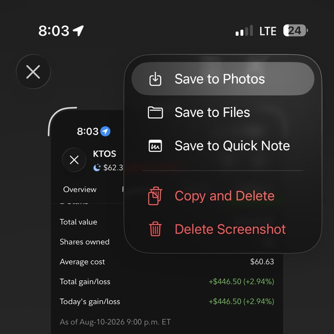 An iPhone screenshot of a stock detail view for KTOS showing a total gain of +$446.50 (+2.94%), with a save/delete menu open over it. The caption captures the ironic "last thing you see before your trade goes to shit" sentiment, as the screenshot moment—frozen with profits displayed—precedes the inevitable downturn traders joke about.
