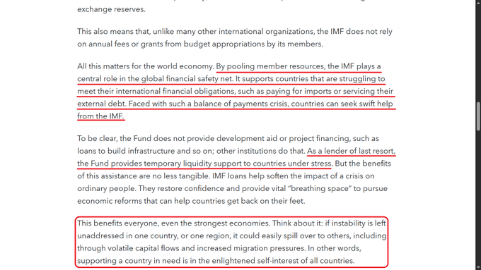The image shows text from what appears to be an IMF (International Monetary Fund) informational document, with two sections highlighted in red—emphasizing the IMF's role in providing global financial safety nets through pooled member resources, and noting that supporting countries in need serves the enlightened self-interest of all nations by preventing economic instability from spreading. The highlighted passages support the post's claim about the World Bank's report on 27 countries seeking crisis funds, as they reinforce the importance of international financial institutions like the IMF in providing liquidity during economic stress.