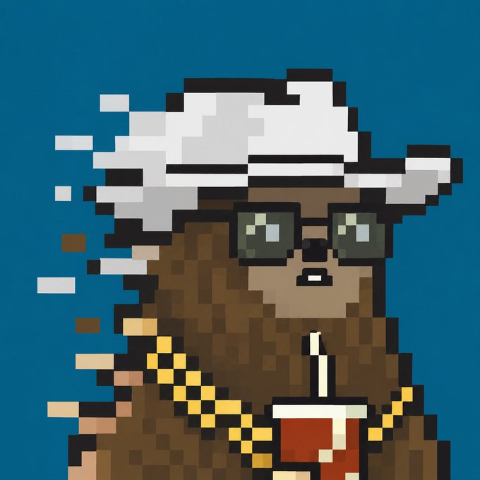 A pixel art illustration depicts a brown character resembling a sea otter or pirate wearing a white captain's hat and goggles, holding what appears to be a drink against a blue background.