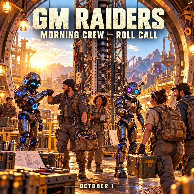 Event poster titled "GM RAIDERS - MORNING CREW ROLL CALL" dated October 1, depicting futuristic soldiers and robots interacting in an industrial sci-fi setting with sunset lighting.