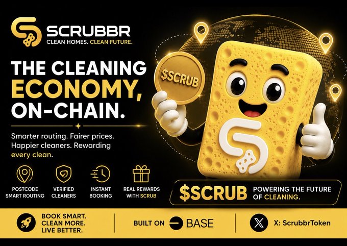 Promotional graphic for SCRUBBR, advertising a cleaning economy crypto token $SCRUB built on Base, featuring a cartoon sponge mascot holding a coin.