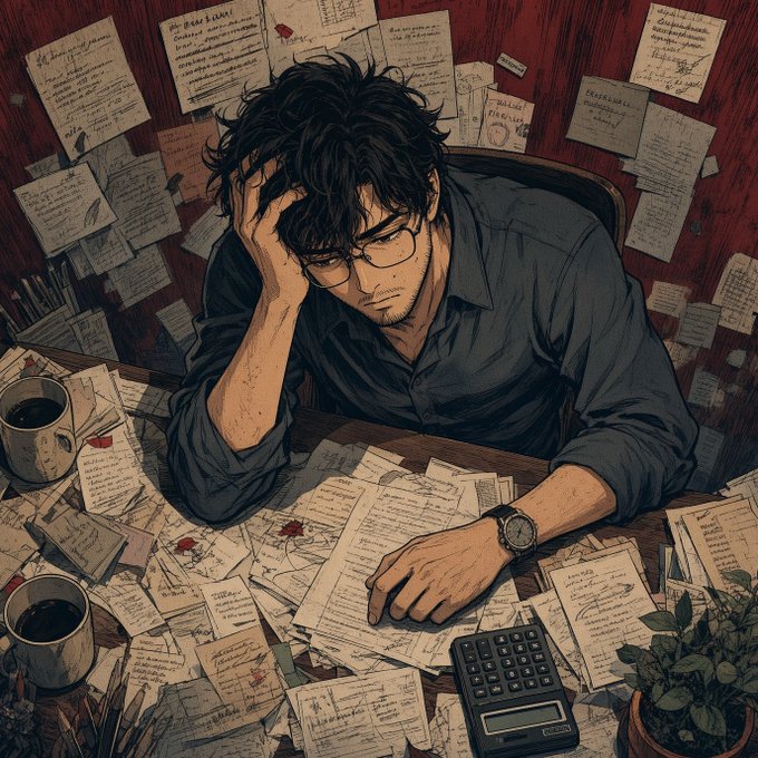 An anime-style illustration of a man with glasses sitting at a desk covered in scattered papers and notes, looking stressed with coffee cups nearby.