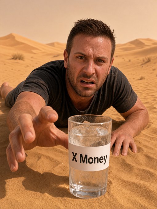 An AI-generated image of a man lying in a desert reaching desperately toward a glass of water labeled 'X Money'.