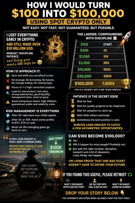 The image is an infographic titled "How I Would Turn $100 Into $100,000 Using Spot Crypto Only," outlining a disciplined trading approach with milestones from $100 (start) to $100,000 (1,000x), emphasizing mindset, risk management, and patience—aligning with the post's message that a 1,000x gain is difficult but possible for the disciplined investor.
