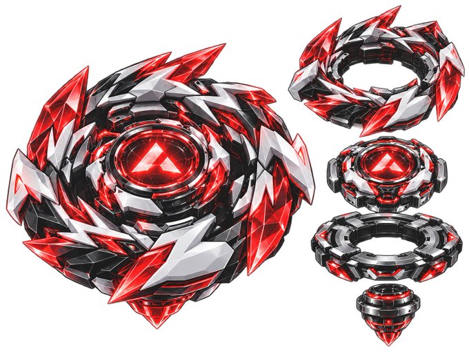 A red, black, and silver spinning top toy, resembling a Beyblade, shown in multiple angles with sharp metallic and crystalline design elements.