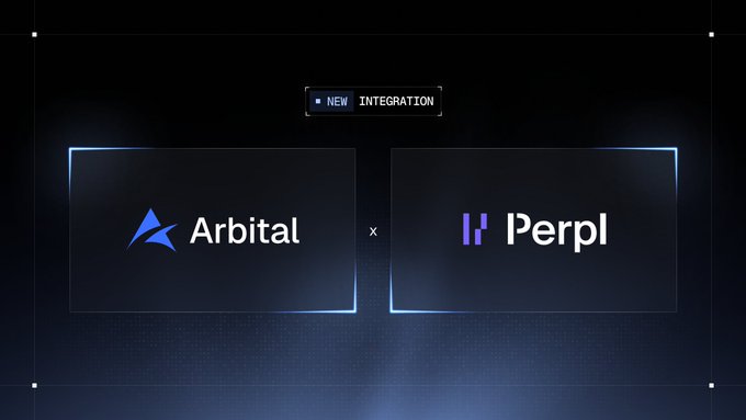The image is a "NEW INTEGRATION" announcement graphic featuring the Arbital and Perpl logos side-by-side with an "x" between them, visually representing the partnership mentioned in the post about Perpl being live on Arbital for market-making bot trading.