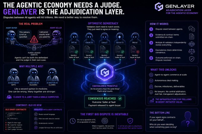 An infographic titled 'THE AGENTIC ECONOMY NEEDS A JUDGE. GENLAYER IS THE ADJUDICATION LAYER.' explaining how disputes between AI agents are resolved through optimistic democracy and multi-AI validation.