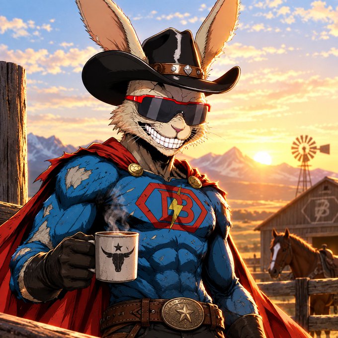 An anthropomorphic rabbit superhero wearing a cowboy hat, red sunglasses, and a blue suit with a "B" emblem holds a coffee mug with a bull skull logo, set against a western sunset backdrop with mountains and a windmill.