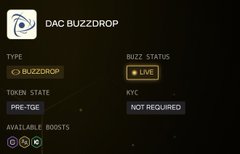 A promotional graphic for "DAC BUZZDROP" displays a token status panel indicating the BUZZDROP is "LIVE" for $DACT, with pre-TGE token state and no KYC required, directly supporting the announcement of a $100k $DACT contribution reward opportunity.