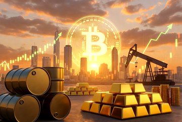 A composite image shows oil barrels, gold bars, a Bitcoin symbol over a city skyline at sunset, an oil pumpjack, and a green upward-trending stock chart.