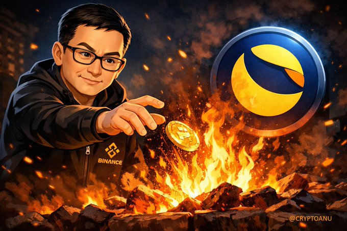 A crypto-themed illustration showing a young man in a black jacket tossing a Terra (LUNA) coin toward a fire, with the Binance logo and '@CRYPTOANU' watermark visible.