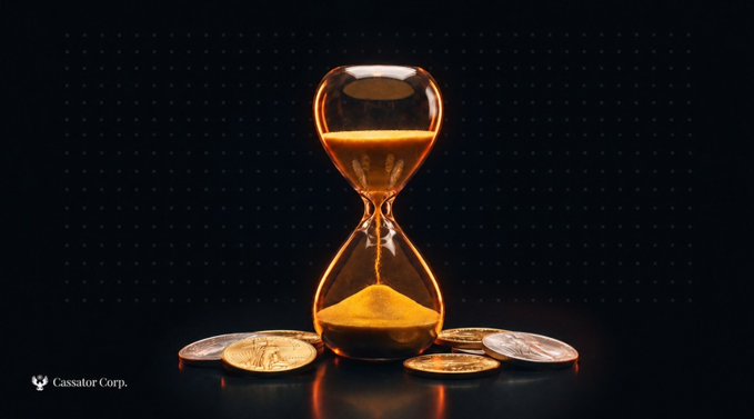 An hourglass surrounded by gold and silver coins symbolizes time being the key variable in Cassator Corp.'s Staking Level 8 (Sl8) offering, where BTC, ETH, XLM, USDC, and tokenized metals all share a unified yield schedule—28% APY at 30 days, scaling up to 38%, 50%, and 62% for longer terms.