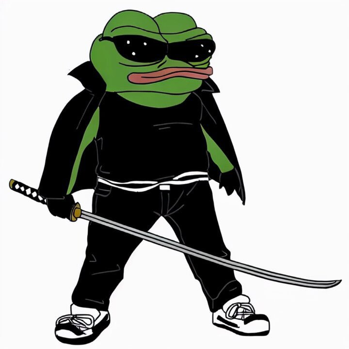 The image features Pepe the Frog dressed in black clothing, sunglasses, and sneakers, holding a katana. It illustrates the post “$PEPE Looks Ready To SEND Again.” with the armed frog suggesting strong bullish momentum for the token.